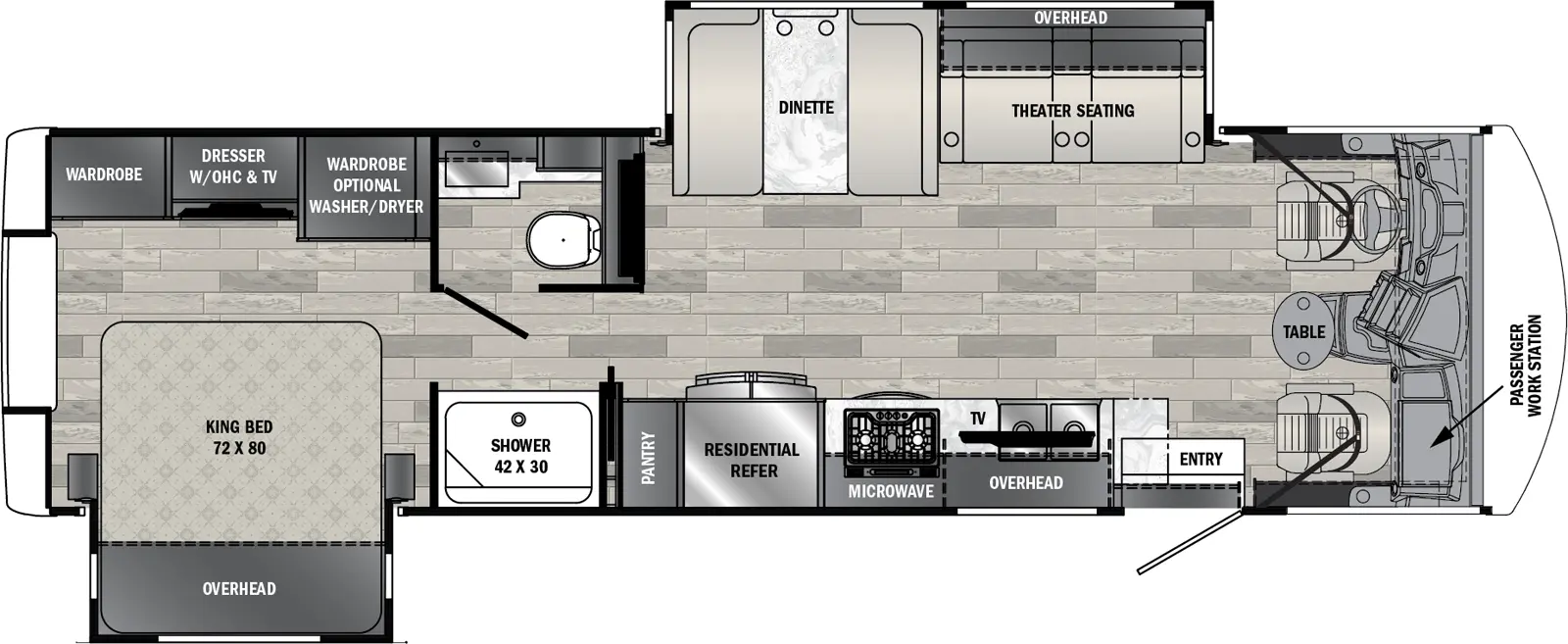 The 31Xy has two slideouts and one entry. Floorplan layout front to back: front cockpit with driver and passenger seat, passenger workstation and center table; off-door side slideout with theater seating with overhead cabinet, and dinette; door side entry, kitchen counter with sink, overhead cabinet, TV, microwave, cooktop, residential refrigerator, and pantry; split full pass through bathroom; rear bedroom with door side king bed slideout with overhead cabinet, and off-door side dresser with overhead cabinet and TV with wardrobes on each side and optional washer/dryer.
